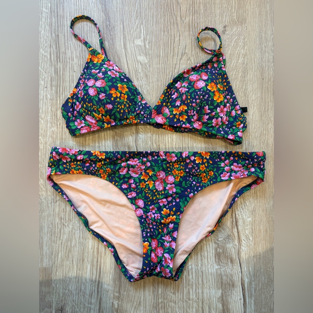 J. Crew Navy Floral Bikini Bottom with Peach Lining